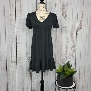 June & Ivy Grey Shabby Chic V Neck Drop Waist Short Sleeve Summer Sun Dress